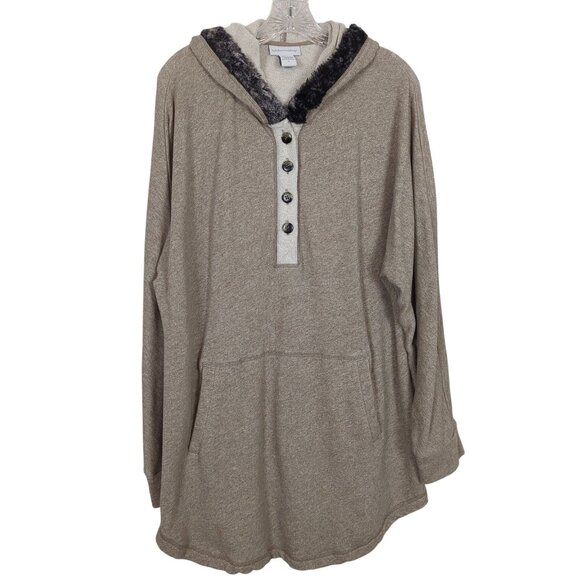 Soft Surroundings Tops - Soft Surroundings Tan Terry Sweatshirt XL Cabin Cuddle Up Fur Trim Hoodie Tunic